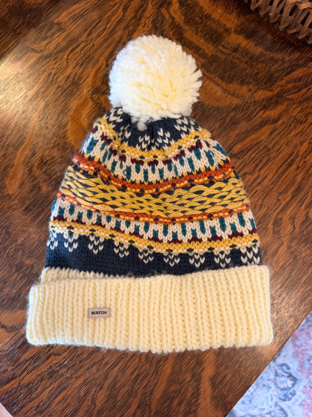 Burton Navy Multicolor Knit Beanie with Cream Pom, NWOT